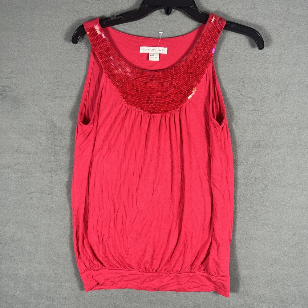 August Silk Women's S Red Sequin Neckline Sleeveless Knit Top Blouse‎ Rayon